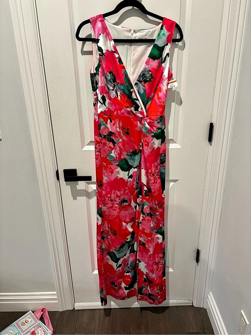 Eliza J Floral-Print Satin Wrap-Style Gown Pink & Green Size 4